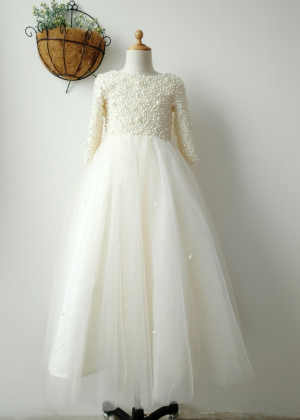 Pearl Beaded Champagne Tulle Floor Length Flower Girl Dress